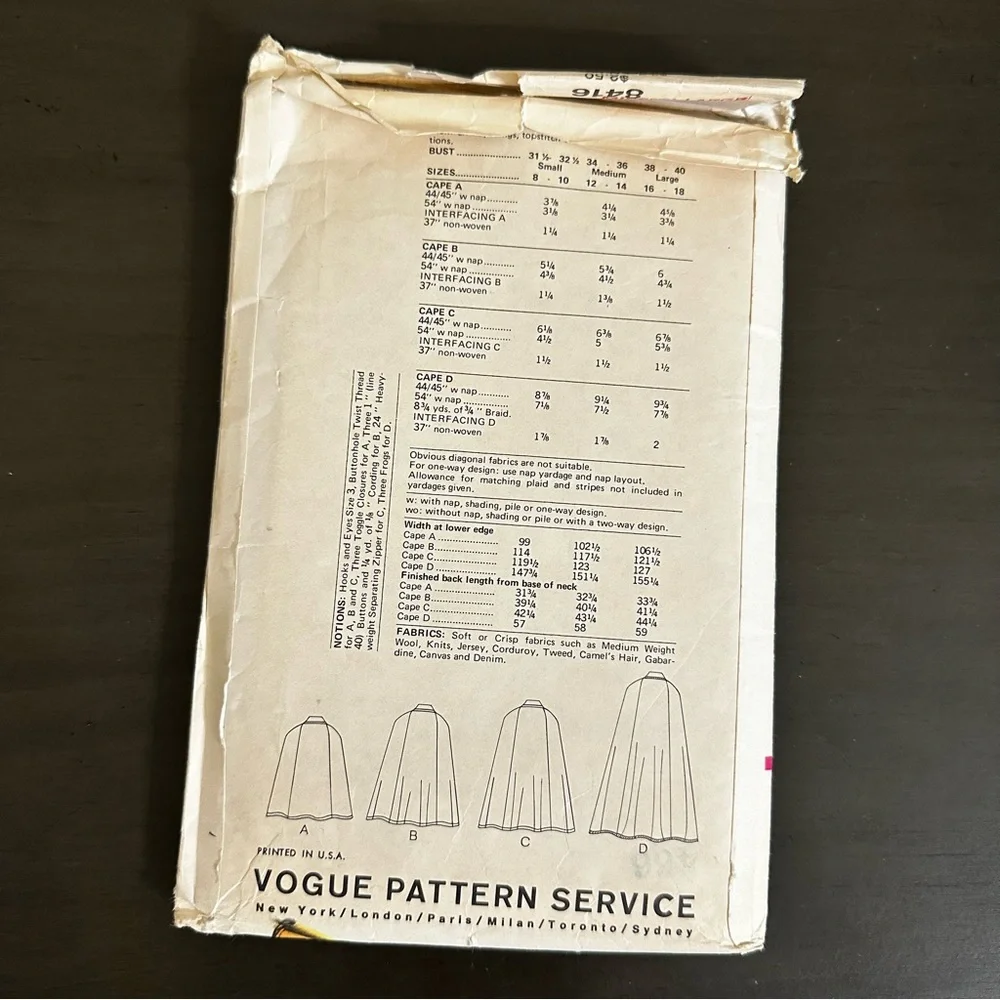 Vintage Sewing Pattern Vogue Patterns Poncho Cape Size 16-18 1960s 60s